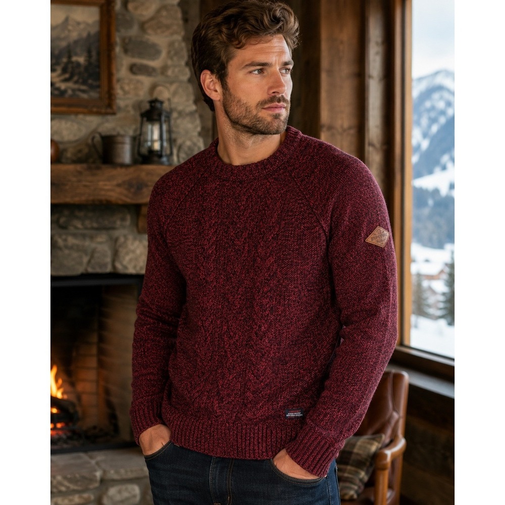 Superdry Mens L Burgundy Marled Cable Knit Sweater Wool Blend Raglan‎ Crewneck